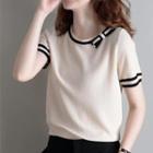 Short-sleeve Contrast Trim Bow Knit Top
