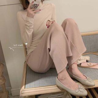 Plain Cardigan / Cowl-neck Plain T-shirt / Wide-leg Pants / Set