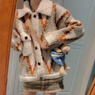Faux Shearling Collar Patterned Cardigan