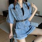 Elbow-sleeve Belted Denim Playsuit