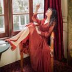 Long-sleeve Maxi V-neck A-line Dress