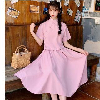 Short-sleeve Hanfu Blouse / High Waist Midi A-line Skirt