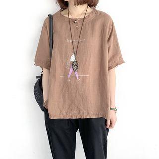 Frayed Hem Printed Elbow-sleeve T-shirt
