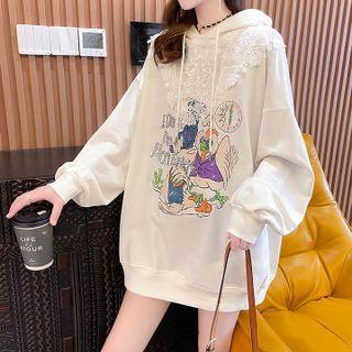 Cartoon Print Lace Panel Hoodie