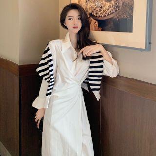Long-sleeve Twist-front Midi Shirtdress / Striped Shawl