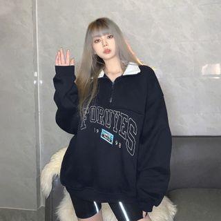 Lettering Stand Collar Half-zip Sweatshirt
