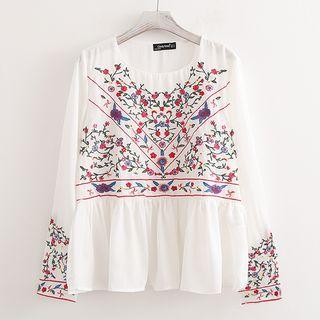 Floral Embroidered Ruffle Hem Blouse