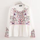 Floral Embroidered Ruffle Hem Blouse