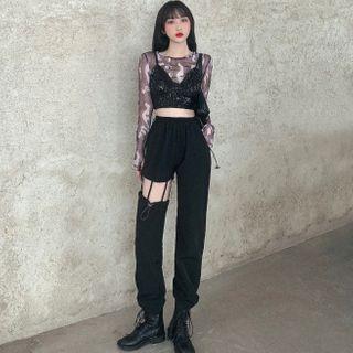 Camo Long-sleeve Mesh Top / Sequined Camisole Top / Cut-out Cargo Pants