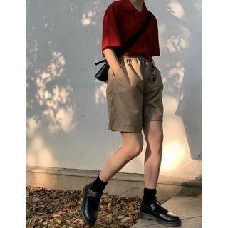 Lapel Collar Double-buttoned Elbow-sleeve Blouse