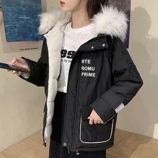 Furry Hood Lettering Padded Zip Jacket