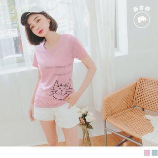Cat Print Lettering Short-sleeve Round Neck T-shirt