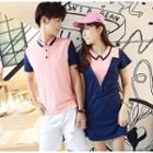 Couple Matching Color Panel Short Sleeve Polo Shirt / Short Sleeve Collared Dress