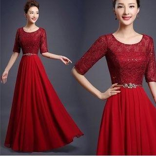 Elbow-sleeve Pleated Evening Gown