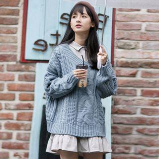Tie Waist A-line Shirt Dress / Crew-neck Cable Knit Sweater / Set