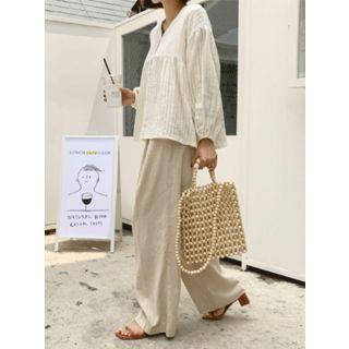 Half-placket Balloon-sleeve Stripe Top