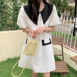 Puff-sleeve Contrast Collar Mini A-line Dress White - One Size