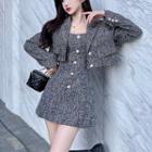 Set: Cropped Single-breasted Blazer + Spaghetti Strap Mini A-line Dress