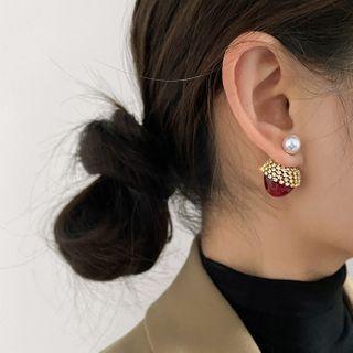 Faux Pearl Ear Jacket 1 Pair - Silver Needle - Faux Pearl - Gold & Red - One Size