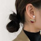 Faux Pearl Ear Jacket 1 Pair - Silver Needle - Faux Pearl - Gold & Red - One Size