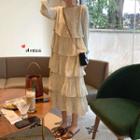 Dot Ruffle Long-sleeve Loose-fit Dress As Figure - One Size