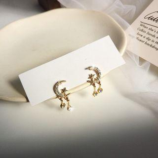 925 Sterling Silver Rhinestone Moon & Star Earring 1 Pair - S925 Silver Studded Earring - Silver Rhinestone - Gold - One Size