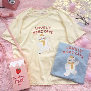 Short-sleeve Small Cat Print T-shirt