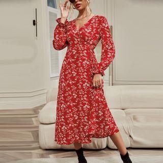 Floral Long-sleeve V-neck A-line Midi Dress
