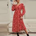 Floral Long-sleeve V-neck A-line Midi Dress