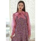 Tie-neck Bishop-sleeve Sheer Blouse
