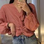 Gingham Twisted Cropped Blouse