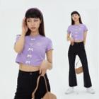 Lettering Embroidery Ribbon Lettuce Trim Crop Top