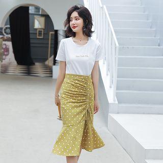 Set: Short-sleeve Lettering T-shirt + Midi Dotted Mermaid Skirt