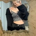 Long-sleeve Knit Cardigan / Sleeveless V-neck Leopard Top