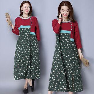 3/4-sleeve Patterned Panel Midi Dress