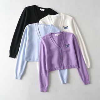 Butterfly Embroidered Cropped Knit Cardigan