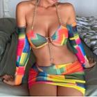 Printed Long-sleeve Halter-neck Cut-out Mini Dress