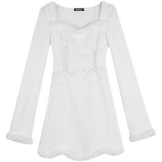 Long-sleeve Square-neck Furry Trim Mini Dress