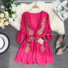 Long-sleeve Embroidered A-line Dress Rose Pink - One Size