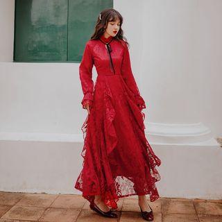 Long-sleeve Ruffled Maxi A-line Lace Dress
