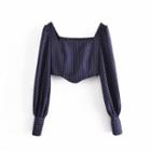 Long-sleeve Square-neck Striped Crop Top