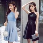 Spaghetti-strap Tie-waist A-line Panel Lace Halter Dress