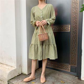 V-neck Long-sleeve Gingham A-line Dress