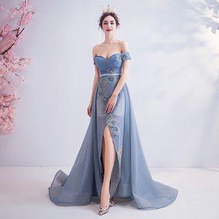 Flower Applique Off-shoulder High-low Evening Gown