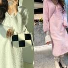 V-neck Fluffy Long Knit Dress