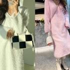 V-neck Fluffy Long Knit Dress