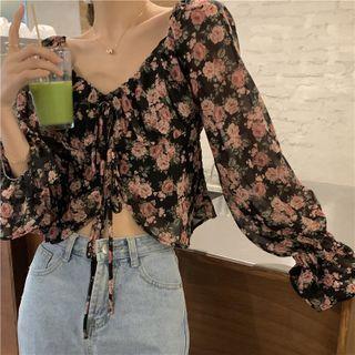 V-neck Floral Cropped Blouse Pink Floral - Black - One Size