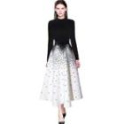 Set: Plain Knit Top + Print Maxi A-line Skirt