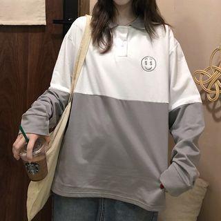 Two-tone Embroidered Long-sleeve Polo Shirt
