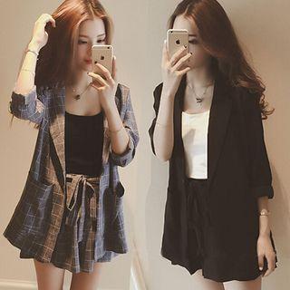 Set: Button Jacket + Tie-front Wide-leg Shorts